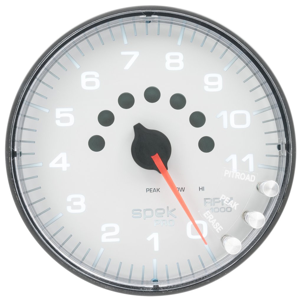 AutoMeter 5" IN-DASH TACHOMETER, 0-11,000 RPM, SPEK-PRO, WHITE DIAL, BLACK BEZEL, CLEAR LENS