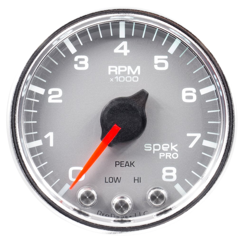 AutoMeter 2-1/16" IN-DASH TACHOMETER, 0-8,000 RPM, SPEK-PRO, SILVER DIAL, CHROME BEZEL, CLEAR LENS