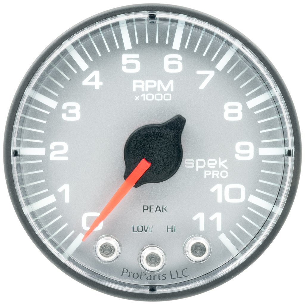 AutoMeter 2-1/16" IN-DASH TACHOMETER, 0-11,000 RPM, SPEK-PRO, SILVER DIAL, BLACK BEZEL, FLAT ANTIGLARE LENS