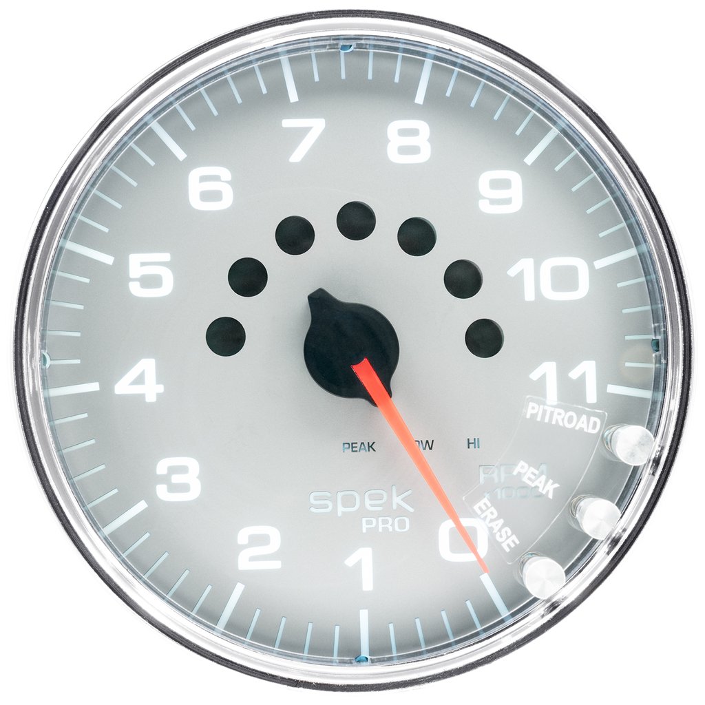 AutoMeter 5" IN-DASH TACHOMETER, 0-11,000 RPM, SPEK-PRO, SILVER DIAL, CHROME BEZEL, CLEAR LENS