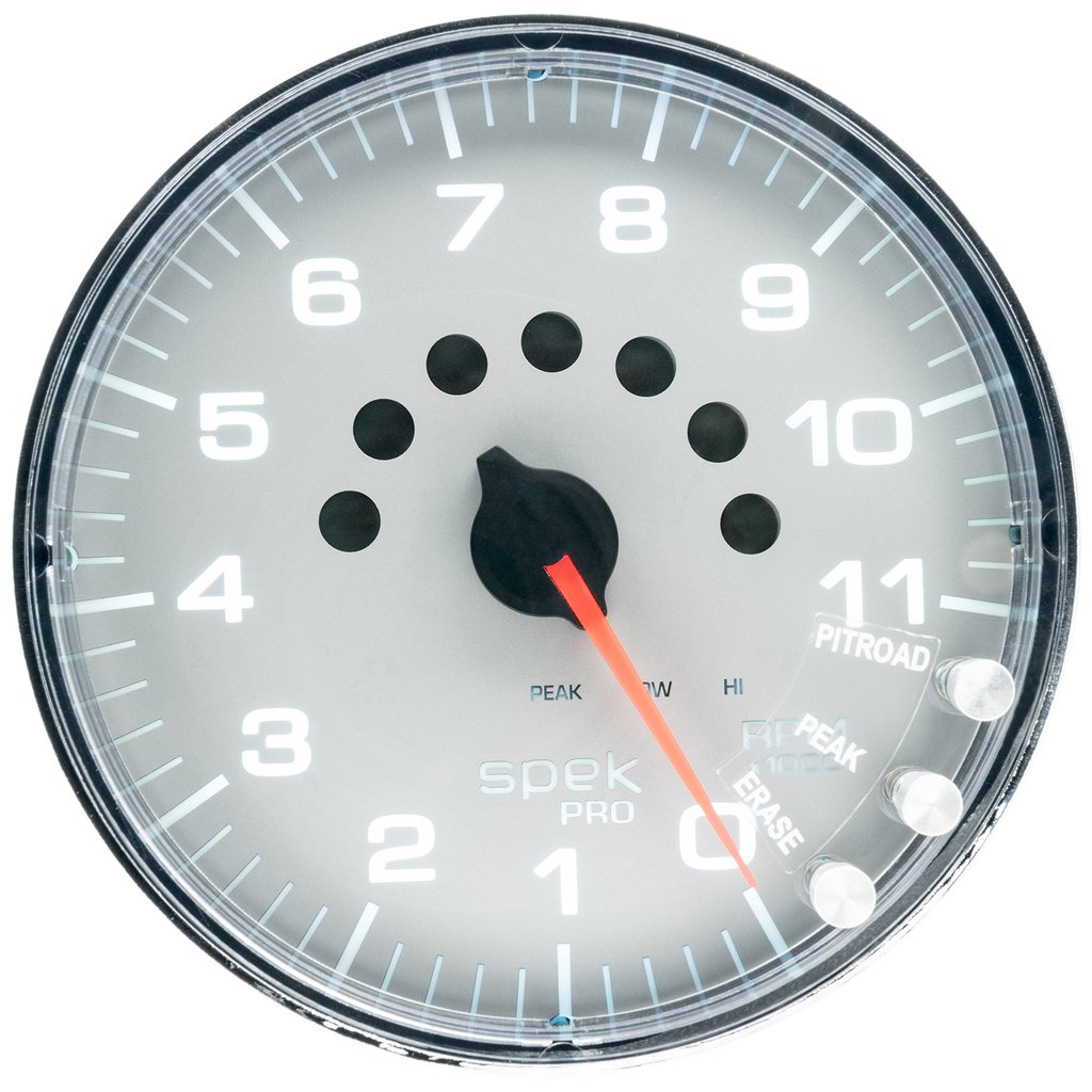 AutoMeter 5" IN-DASH TACHOMETER, 0-11,000 RPM, SPEK-PRO, SILVER DIAL, CHROME BEZEL, FLAT ANTIGLARE LENS