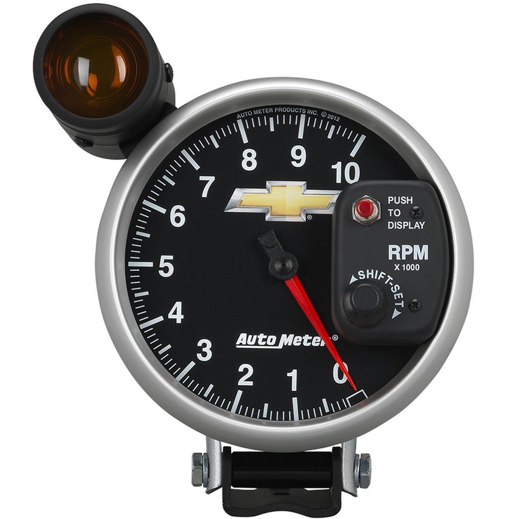 AutoMeter 5" tachometer, 0-10,000 RPM, PEDESTAL W/ EXT. SHIFT-LITE, CHEVY GOLD BOWTIE