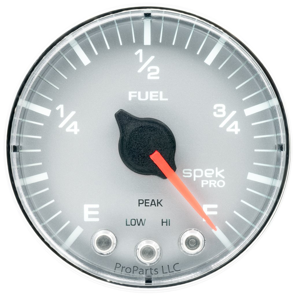 AutoMeter 2-1/16" FUEL LEVEL, PROGRAMMABLE 0-300 Ω, STEPPER MOTOR, SPEK-PRO, SILVER DIAL, CHROME BEZEL, FLAT ANTIGLARE LENS