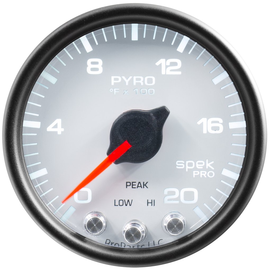 AutoMeter 2-1/16" PYROMETER, 0-2000 °F, STEPPER MOTOR, SPEK-PRO, WHITE DIAL, BLACK BEZEL, CLEAR LENS