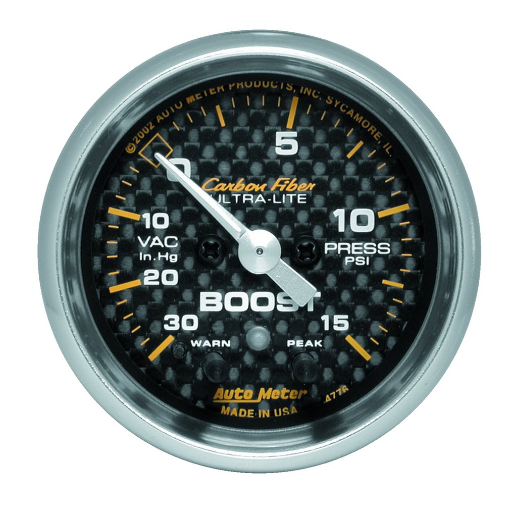 AutoMeter 2-1/16" BOOST/VACUUM, W/ PEAK & WARN, 30 IN HG/15 PSI, STEPPER MOTOR, CARBON FIBER