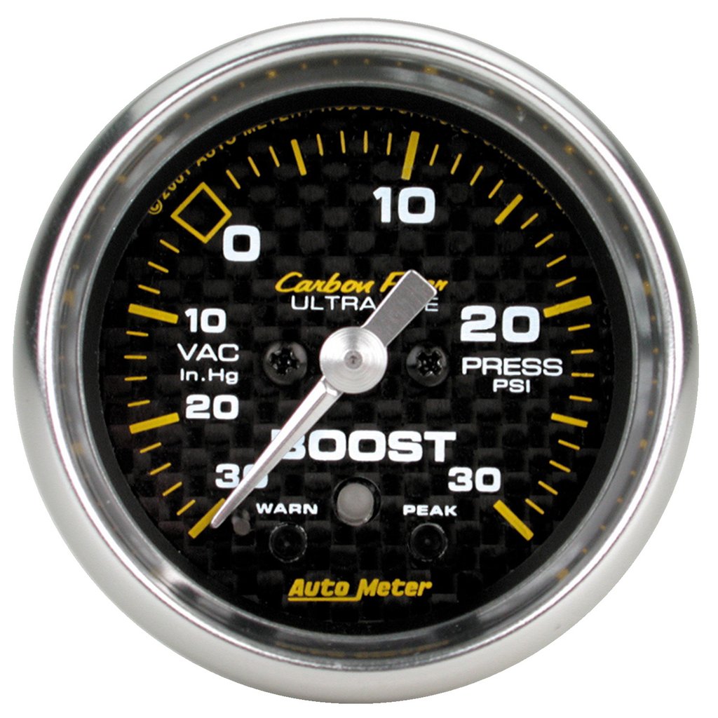 AutoMeter 2-1/16" BOOST/VACUUM, W/ PEAK & WARN, 30 IN HG/30 PSI, STEPPER MOTOR, CARBON FIBER
