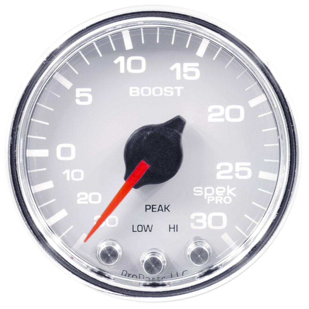 AutoMeter 2-1/16" BOOST/VACUUM, 30 IN HG/30 PSI, STEPPER MOTOR, SPEK-PRO, WHITE DIAL, CHROME BEZEL, CLEAR LENS