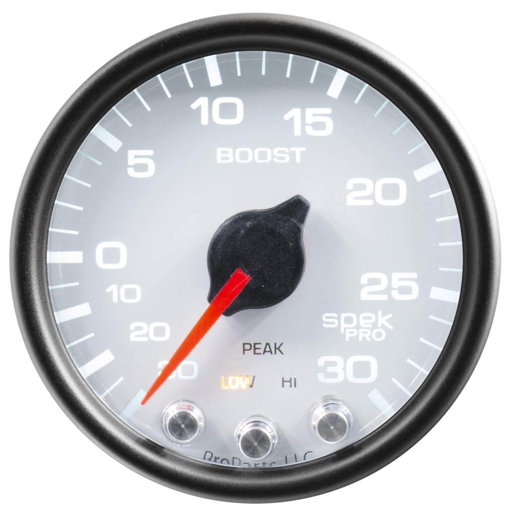 AutoMeter 2-1/16" BOOST/VACUUM, 30 IN HG/30 PSI, STEPPER MOTOR, SPEK-PRO, WHITE DIAL, BLACK BEZEL, CLEAR LENS