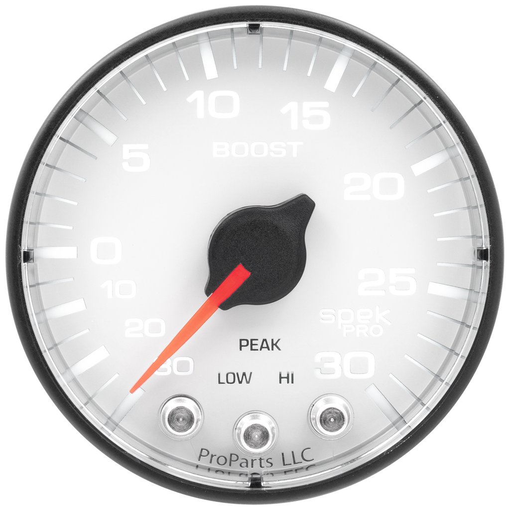 AutoMeter 2-1/16" BOOST/VACUUM, 30 IN HG/30 PSI, STEPPER MOTOR, SPEK-PRO, WHITE DIAL, BLACK BEZEL, FLAT ANTIGLARE LENS