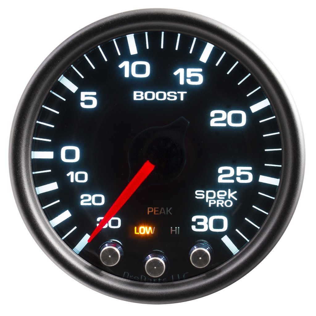 AutoMeter 2-1/16" BOOST/VACUUM, 30 IN HG/30 PSI, STEPPER MOTOR, SPEK-PRO, BLACK DIAL, BLACK BEZEL, SMOKED LENS