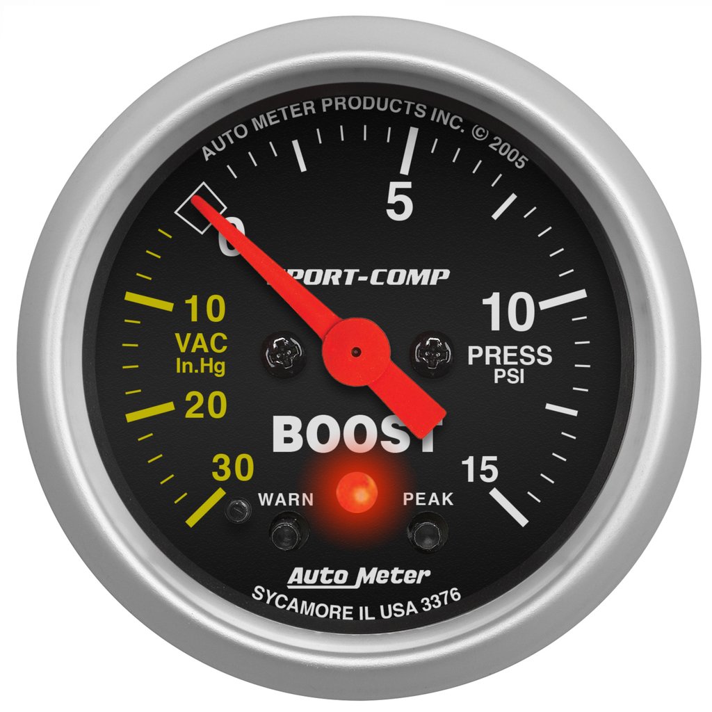 AutoMeter 2-1/16" BOOST/VACUUM, W/ PEAK & WARN, 30 IN HG/15 PSI, STEPPER MOTOR, SPORT-COMP