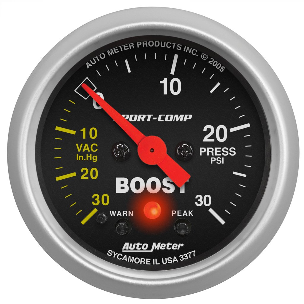 AutoMeter 2-1/16" BOOST/VACUUM, W/ PEAK & WARN, 30 IN HG/30 PSI, STEPPER MOTOR, SPORT-COMP