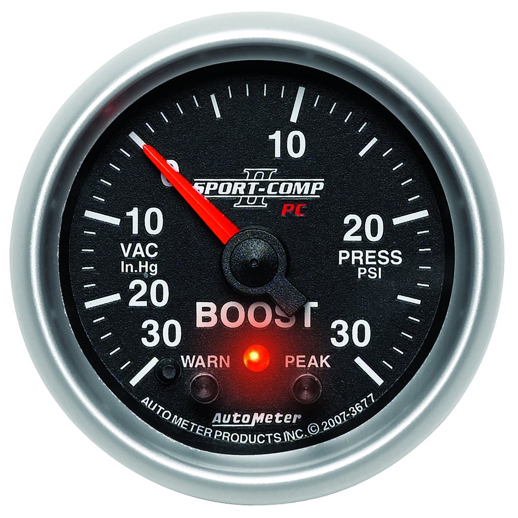 AutoMeter 2-1/16" BOOST/VACUUM, W/ PEAK & WARN, 30 IN HG/30 PSI, STEPPER MOTOR, SPORT-COMP II