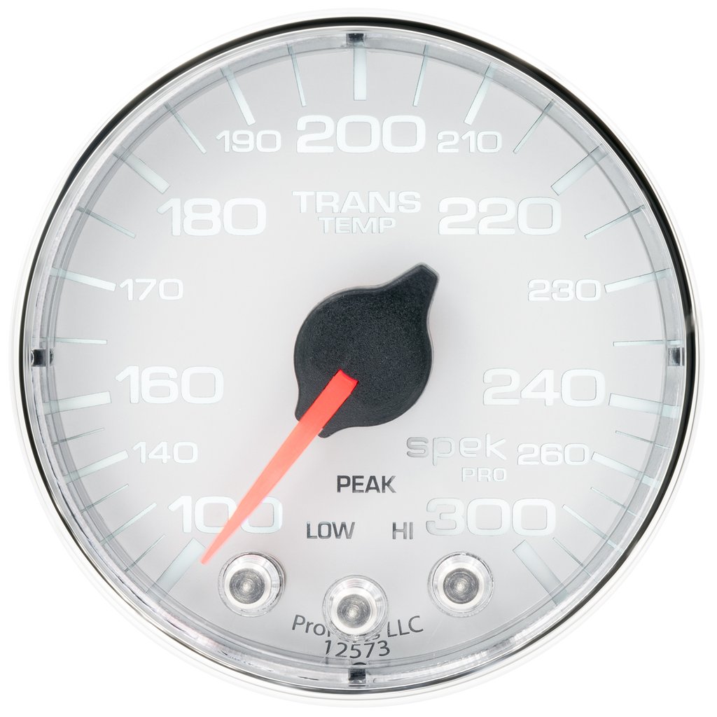 AutoMeter 2-1/16" TRANSMISSION TEMPERATURE, 100-300 °F, STEPPER MOTOR, SPEK-PRO, WHITE DIAL, CHROME BEZEL, FLAT ANTIGLARE LENS