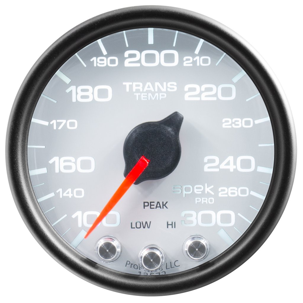 AutoMeter 2-1/16" TRANSMISSION TEMPERATURE, 100-300 °F, STEPPER MOTOR, SPEK-PRO, WHITE DIAL, BLACK BEZEL, CLEAR LENS