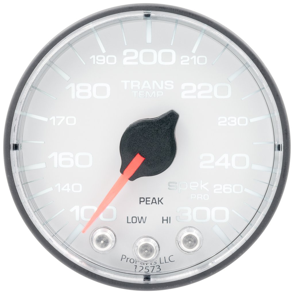 AutoMeter 2-1/16" TRANSMISSION TEMPERATURE, 100-300 °F, STEPPER MOTOR, SPEK-PRO, WHITE DIAL, BLACK BEZEL, FLAT ANTIGLARE LENS