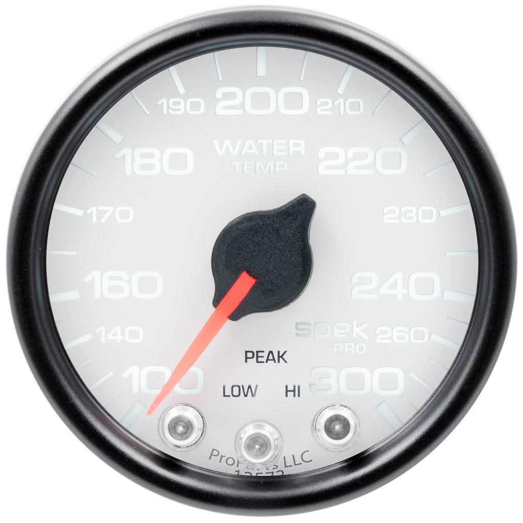 AutoMeter 2-1/16" WATER TEMPERATURE, 100-300 °F, STEPPER MOTOR, SPEK-PRO, WHITE DIAL, BLACK BEZEL, CLEAR LENS