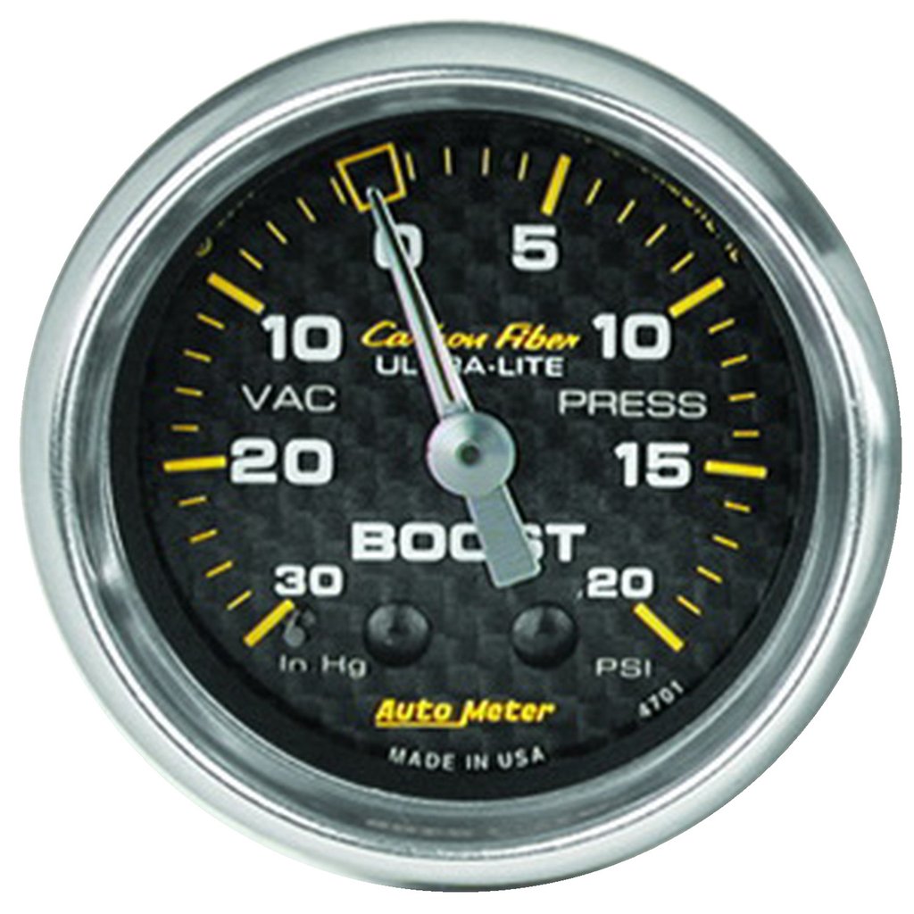 AutoMeter 2-1/16" BOOST/VACUUM, 30 IN HG/20 PSI, MECHANICAL, CARBON FIBER