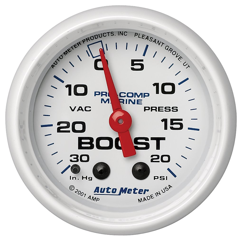 AutoMeter 2-1/16" VACUUM/BOOST, 30 IN HG/20 PSI, MECHANICAL, MARINE WHITE