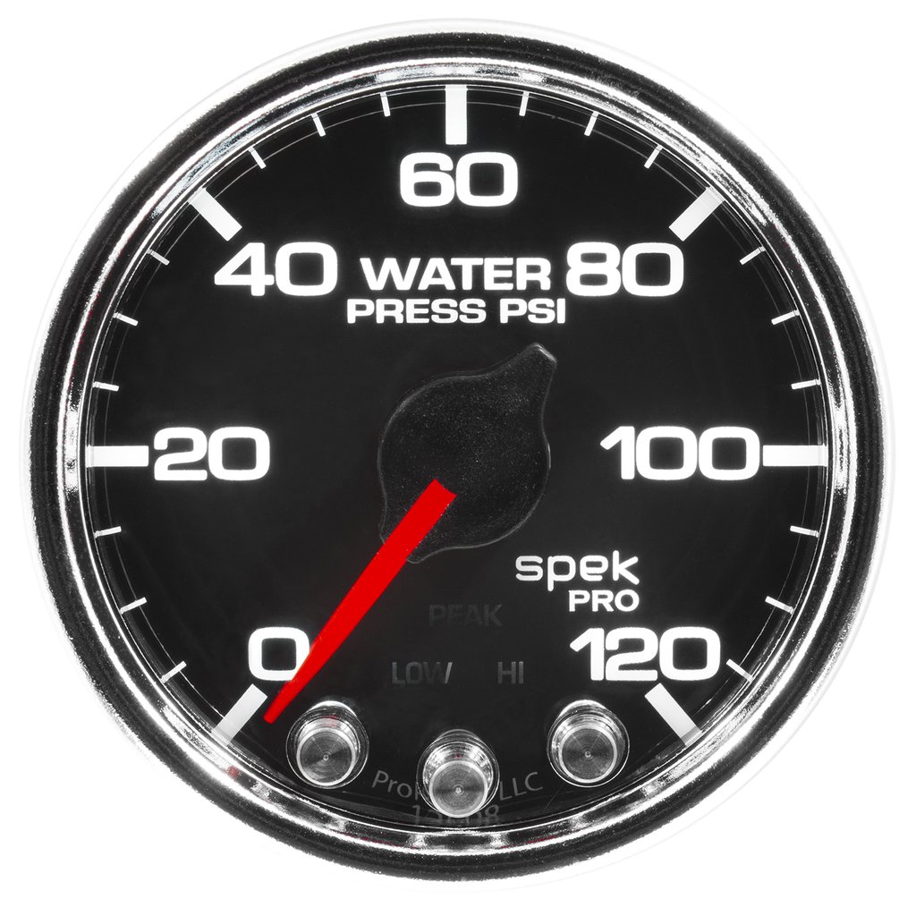 AutoMeter 2-1/16" WATER PRESSURE, 0-120 PSI, STEPPER MOTOR, SPEK-PRO, BLACK DIAL, CHROME BEZEL, CLEAR LENS