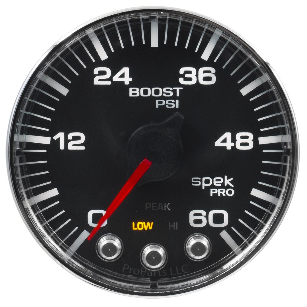 AutoMeter 2-1/16" BOOST, 0-60 PSI, STEPPER MOTOR, SPEK-PRO, BLACK DIAL, CHROME BEZEL, FLAT ANTIGLARE LENS