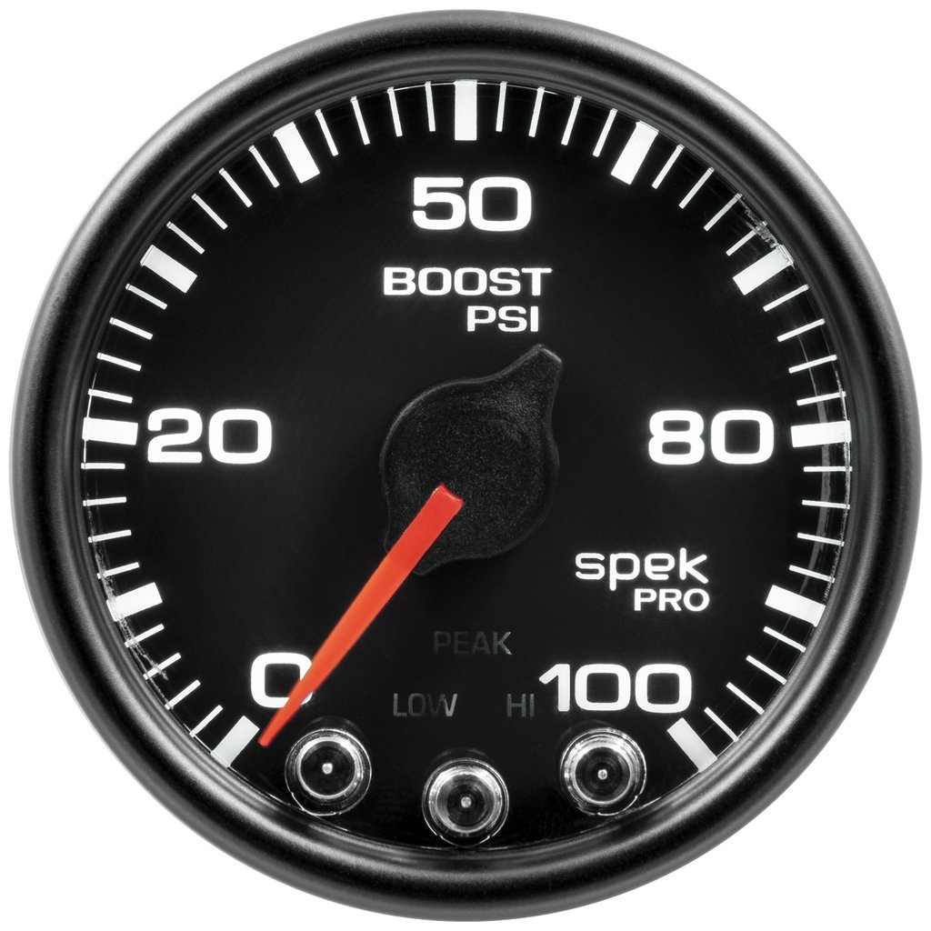 AutoMeter 2-1/16" BOOST, 0-100 PSI, STEPPER MOTOR, SPEK-PRO, BLACK DIAL, BLACK BEZEL, CLEAR LENS