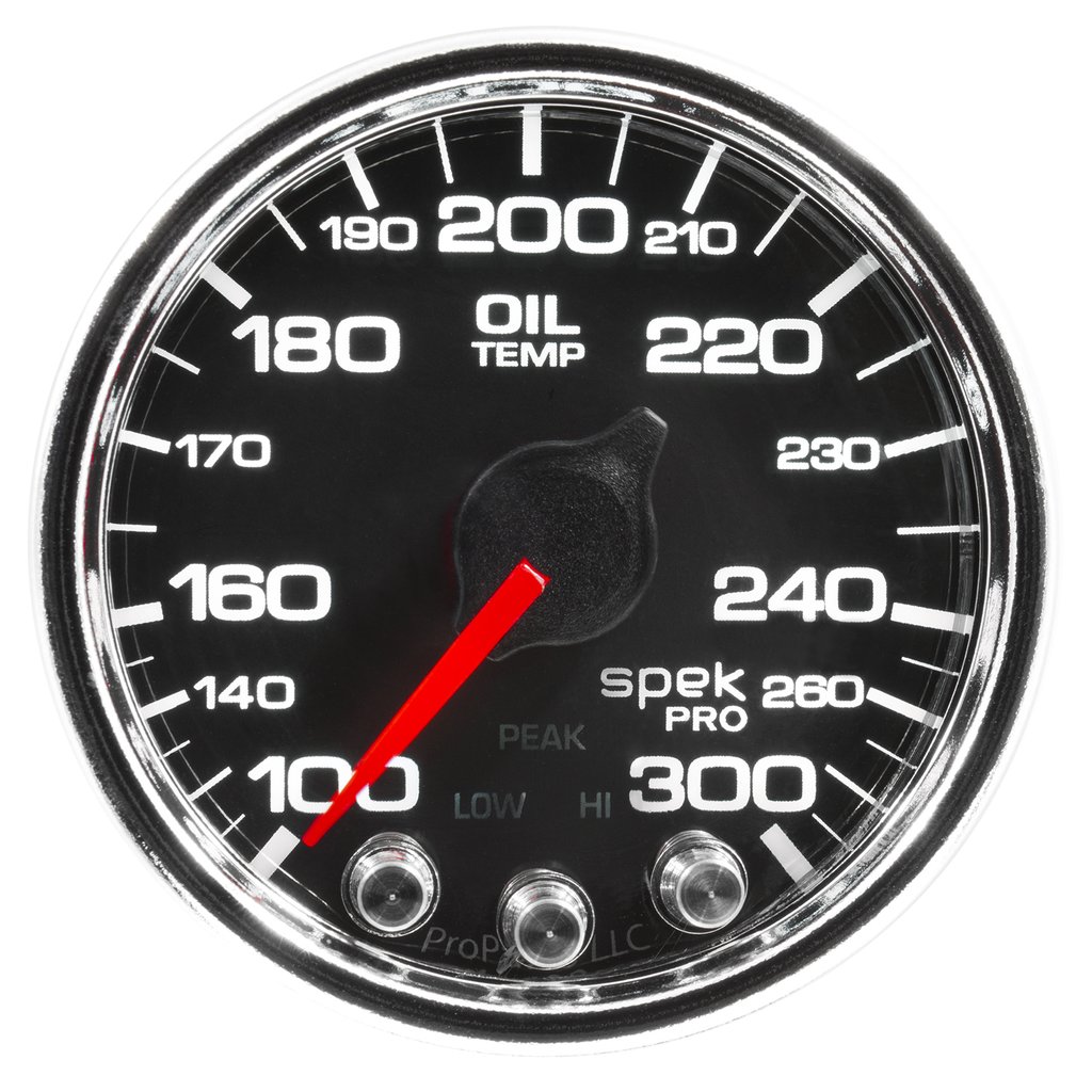 AutoMeter 2-1/16" OIL TEMPERATURE, 100-300 °F, STEPPER MOTOR, SPEK-PRO, BLACK DIAL, CHROME BEZEL, CLEAR LENS