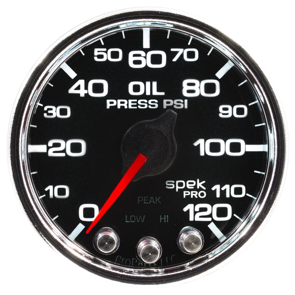 AutoMeter 2-1/16" OIL PRESSURE, 0-120 PSI, STEPPER MOTOR, SPEK-PRO, BLACK DIAL, CHROME BEZEL, CLEAR LENS