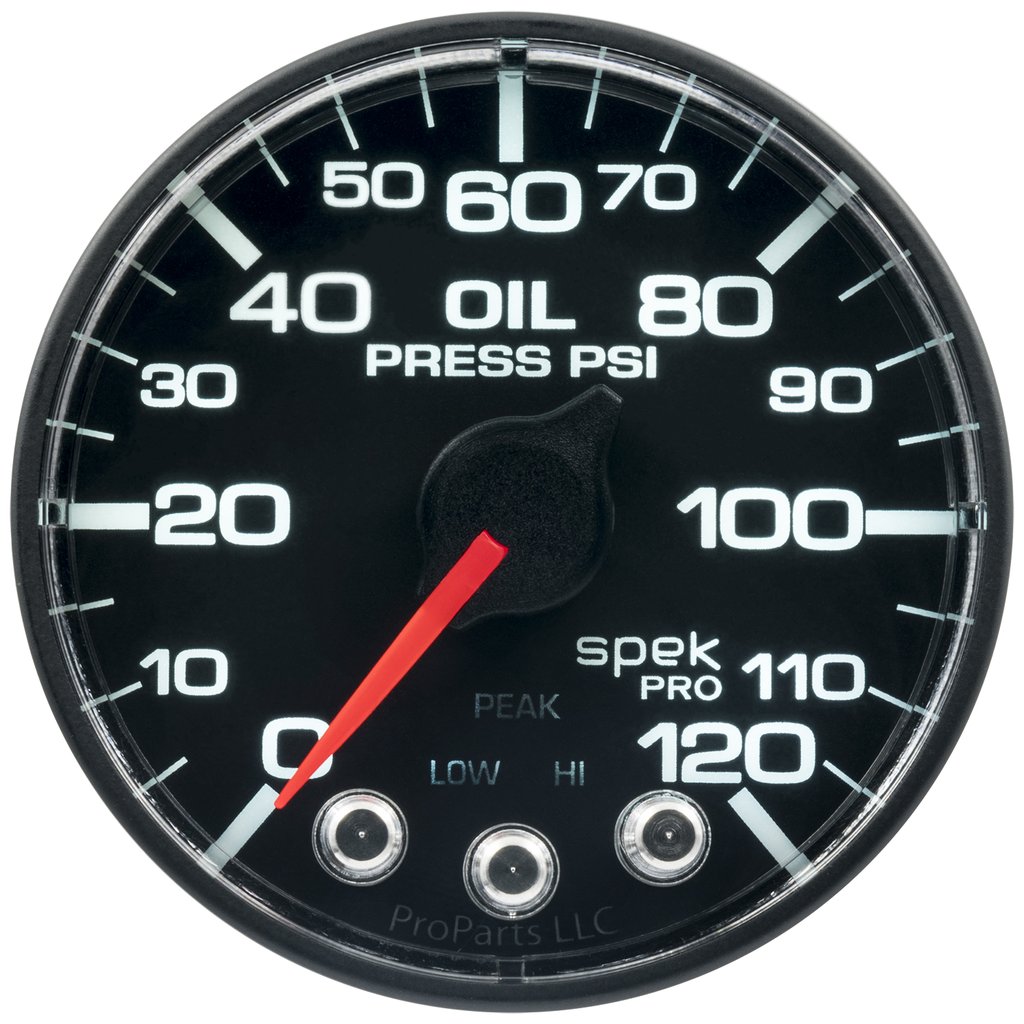 AutoMeter 2-1/16" OIL PRESSURE, 0-120 PSI, STEPPER MOTOR, SPEK-PRO, BLACK DIAL, BLACK BEZEL, FLAT ANTIGLARE LENS