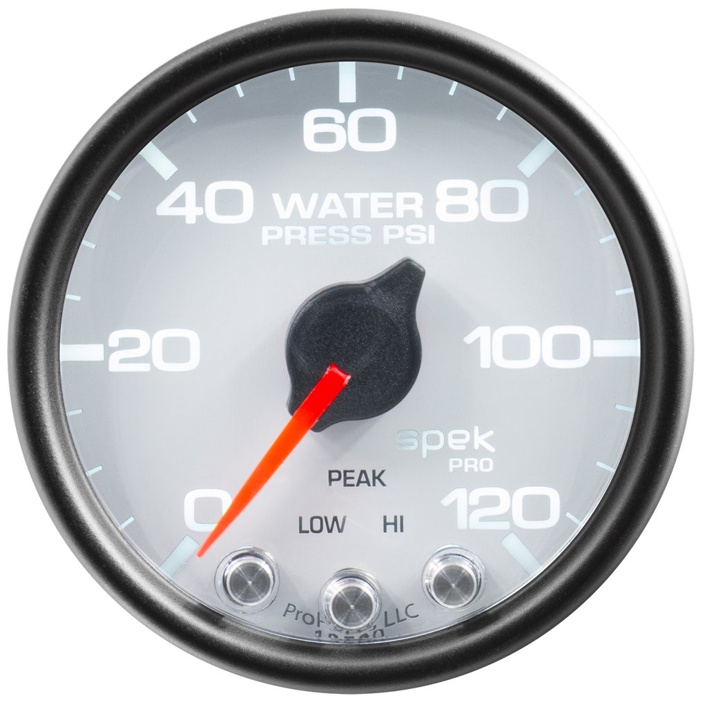 AutoMeter 2-1/16" WATER PRESSURE, 0-120 PSI, STEPPER MOTOR, SPEK-PRO, WHITE DIAL, BLACK BEZEL, CLEAR LENS