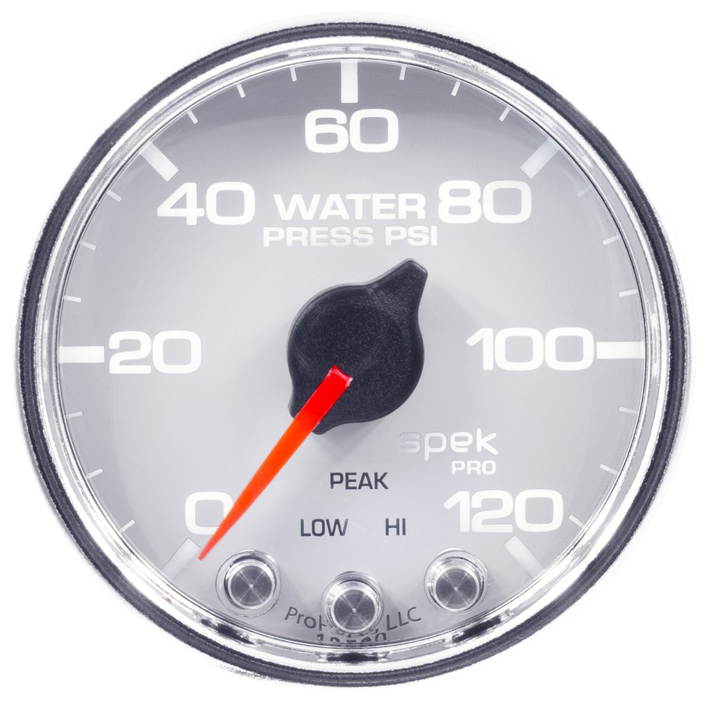 AutoMeter 2-1/16" WATER PRESSURE, 0-120 PSI, STEPPER MOTOR, SPEK-PRO, WHITE DIAL, CHROME BEZEL, CLEAR LENS