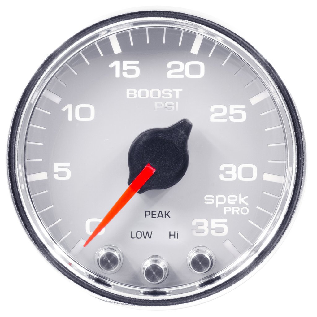AutoMeter 2-1/16" BOOST, 0-35 PSI, STEPPER MOTOR, SPEK-PRO, WHITE DIAL, CHROME BEZEL, CLEAR LENS