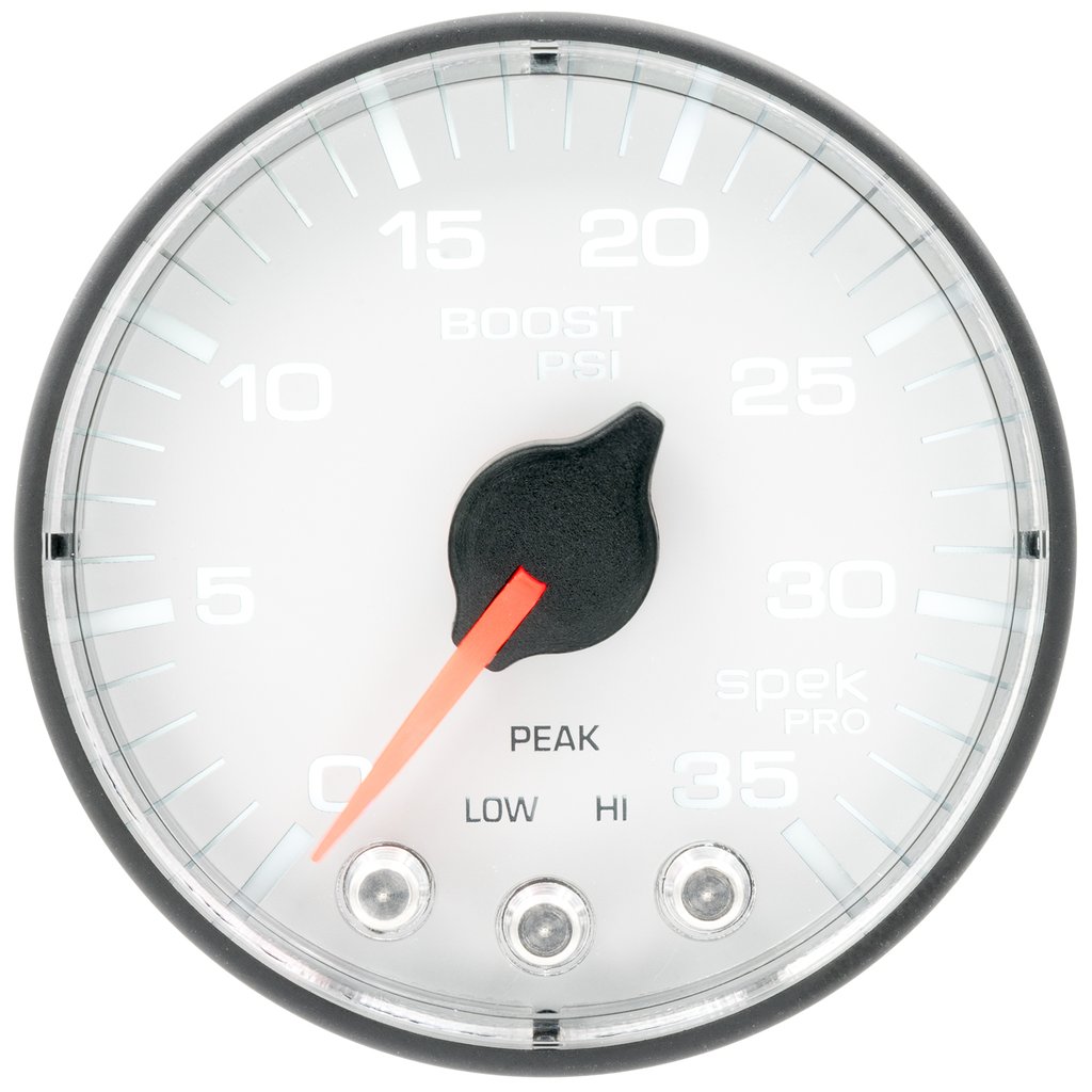 AutoMeter 2-1/16" BOOST, 0-35 PSI, STEPPER MOTOR, SPEK-PRO, WHITE DIAL, BLACK BEZEL, FLAT ANTIGLARE LENS