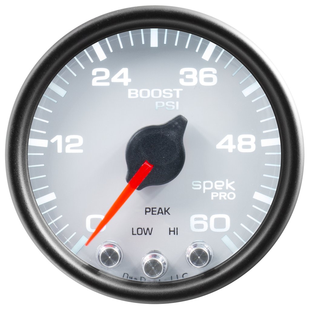 AutoMeter 2-1/16" BOOST, 0-60 PSI, STEPPER MOTOR, SPEK-PRO, WHITE DIAL, BLACK BEZEL, CLEAR LENS