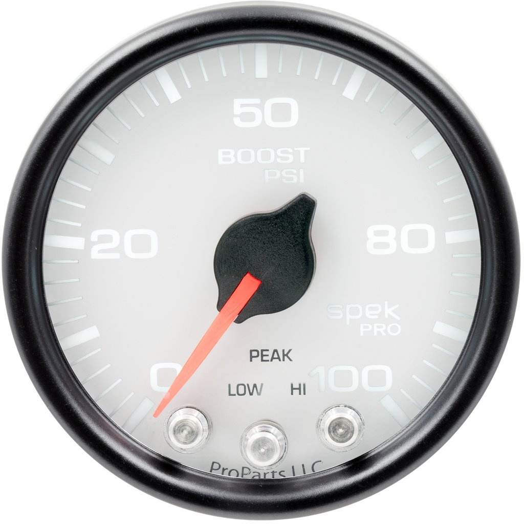 AutoMeter 2-1/16" BOOST, 0-100 PSI, STEPPER MOTOR, SPEK-PRO, WHITE DIAL, BLACK BEZEL, CLEAR LENS
