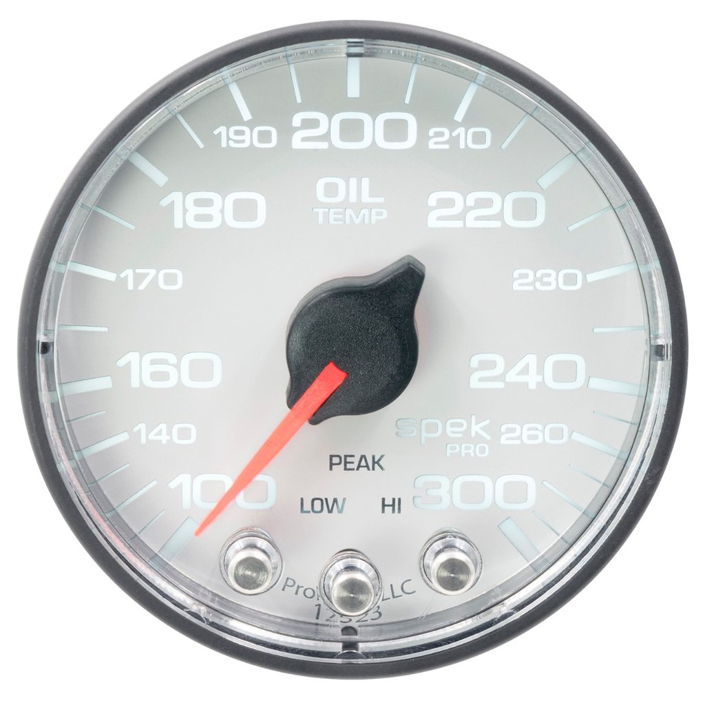 AutoMeter 2-1/16" OIL TEMPERATURE, 100-300 °F, STEPPER MOTOR, SPEK-PRO, WHITE DIAL, BLACK BEZEL, FLAT ANTIGLARE LENS