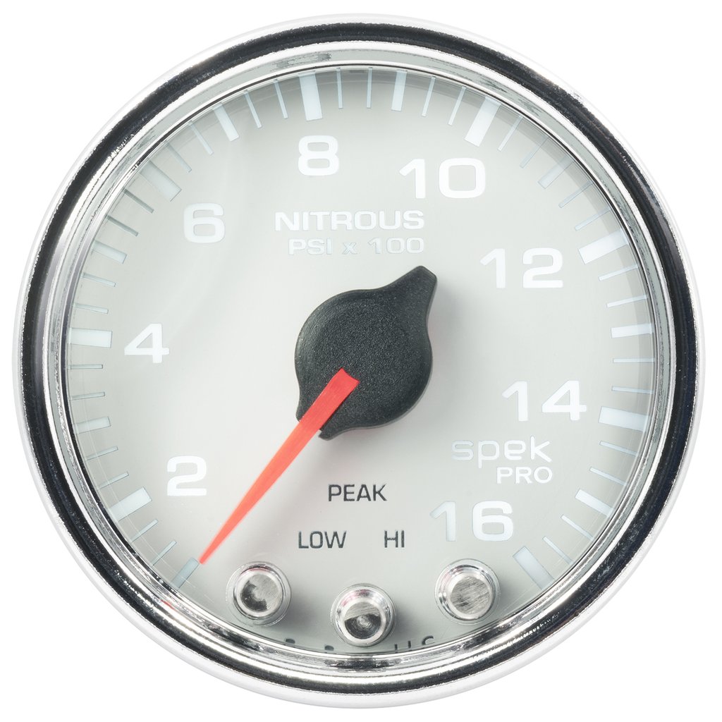 AutoMeter 2-1/16" NITROUS PRESSURE, 0-1600 PSI, STEPPER MOTOR, SPEK-PRO, WHITE DIAL, CHROME BEZEL, CLEAR LENS