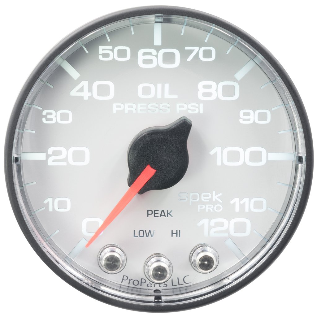 AutoMeter 2-1/16" OIL PRESSURE, 0-120 PSI, STEPPER MOTOR, SPEK-PRO, WHITE DIAL, BLACK BEZEL, FLAT ANTIGLARE LENS
