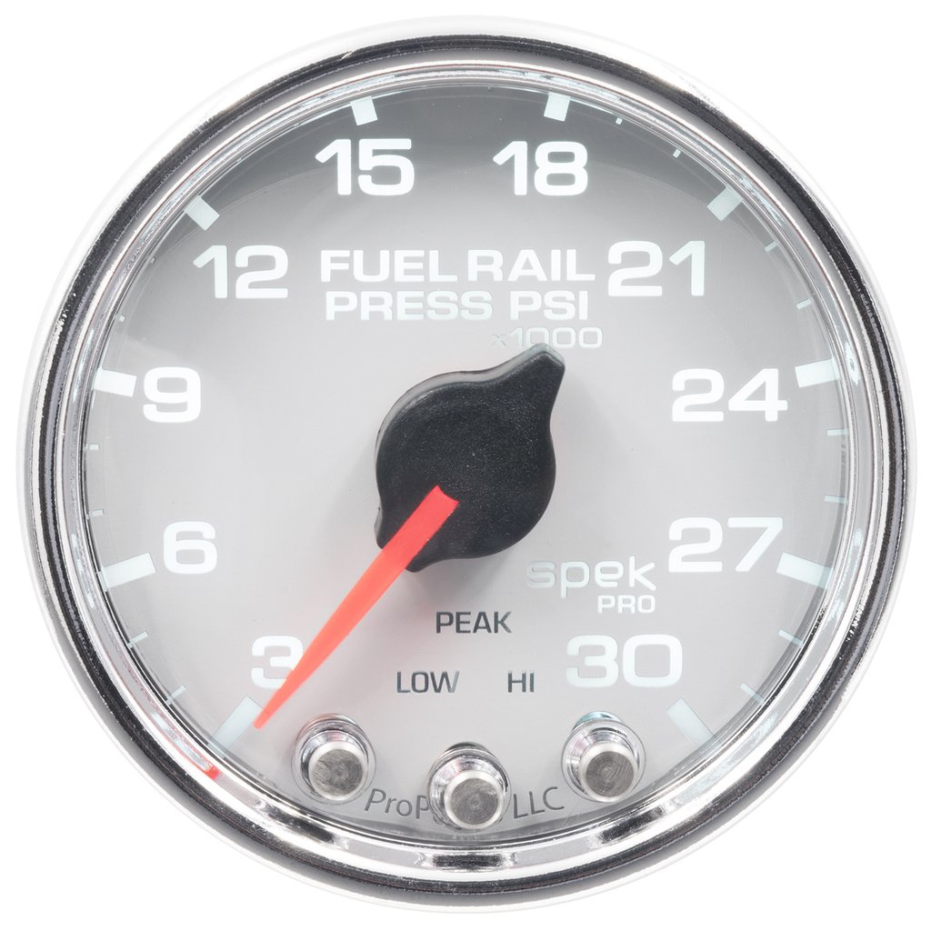 AutoMeter 2-1/16" FUEL RAIL PRESSURE, 3-30K PSI, STEPPER MOTOR, SPEK-PRO, WHITE DIAL, CHROME BEZEL, CLEAR LENS