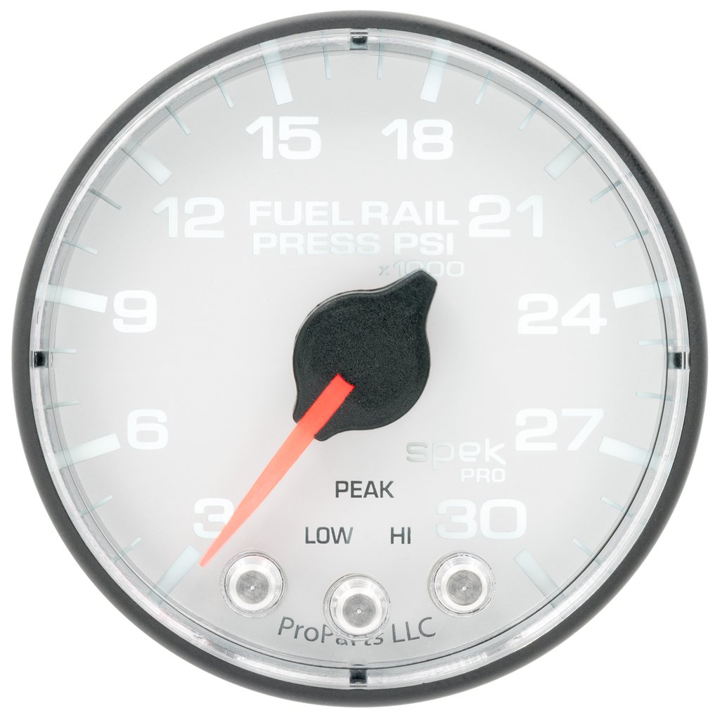 AutoMeter 2-1/16" FUEL RAIL PRESSURE, 3-30K PSI, STEPPER MOTOR, SPEK-PRO, WHITE DIAL, BLACK BEZEL, FLAT ANTIGLARE LENS