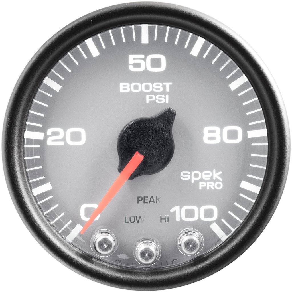 AutoMeter 2-1/16" BOOST, 0-100 PSI, STEPPER MOTOR, SPEK-PRO, SILVER DIAL, BLACK BEZEL, CLEAR LENS