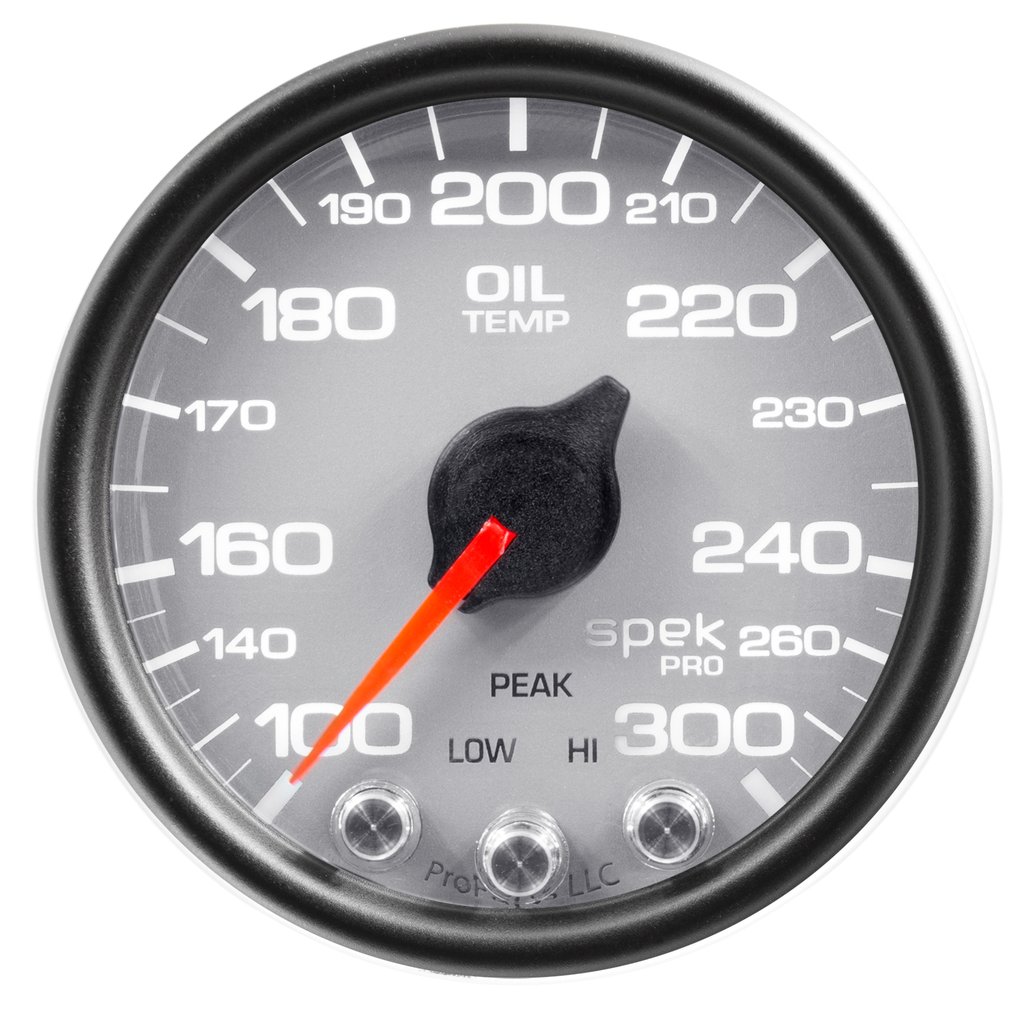 AutoMeter 2-1/16" OIL TEMPERATURE, 100-300 °F, STEPPER MOTOR, SPEK-PRO, SILVER DIAL, BLACK BEZEL, CLEAR LENS
