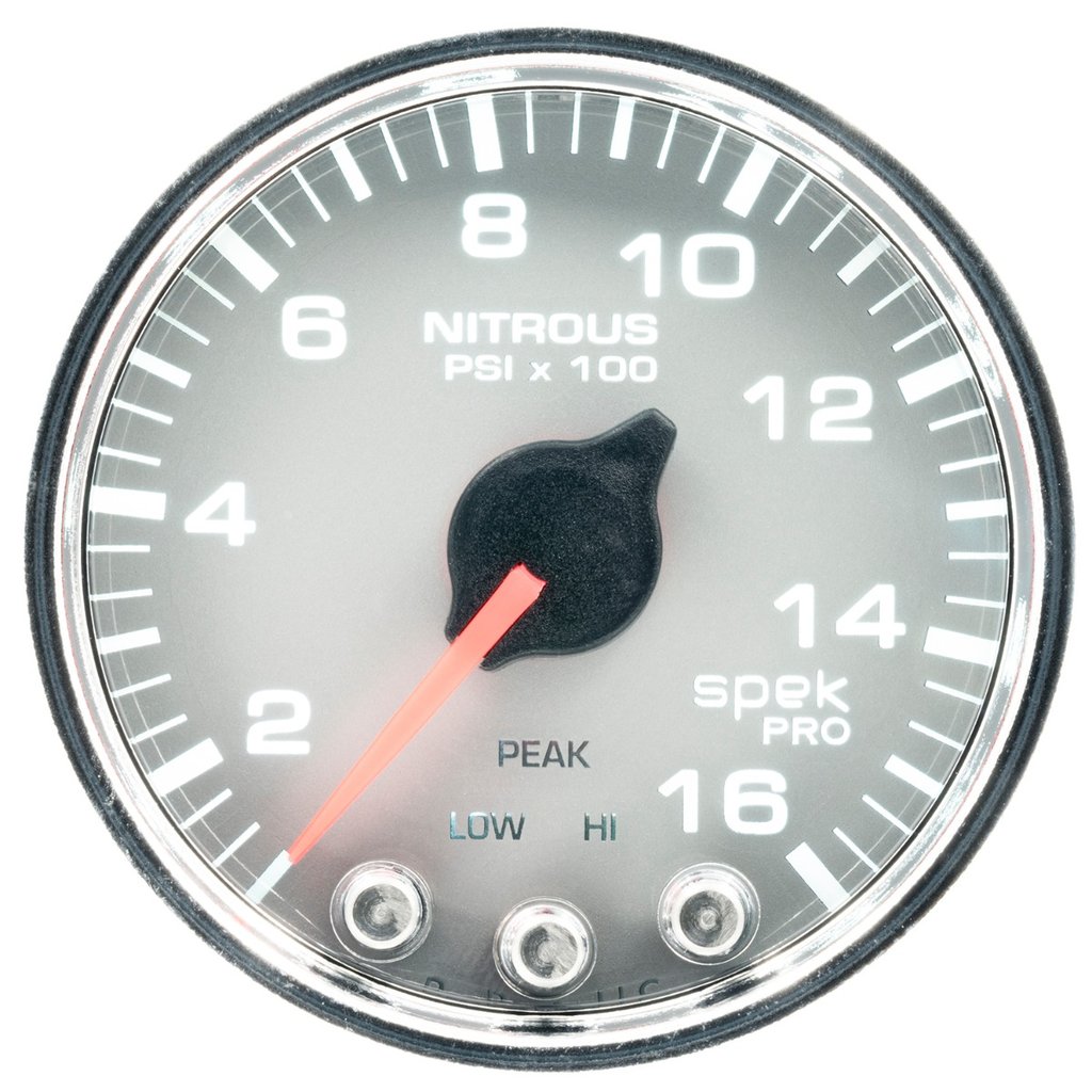 AutoMeter 2-1/16" NITROUS PRESSURE, 0-1600 PSI, STEPPER MOTOR, SPEK-PRO, SILVER DIAL, CHROME BEZEL, CLEAR LENS