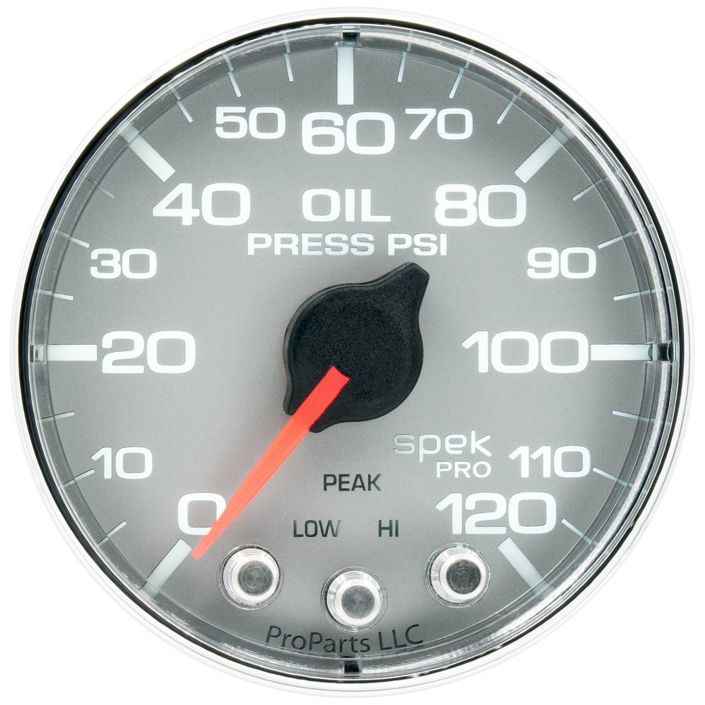 AutoMeter 2-1/16" OIL PRESSURE, 0-120 PSI, STEPPER MOTOR, SPEK-PRO, SILVER DIAL, CHROME BEZEL, FLAT ANTIGLARE LENS