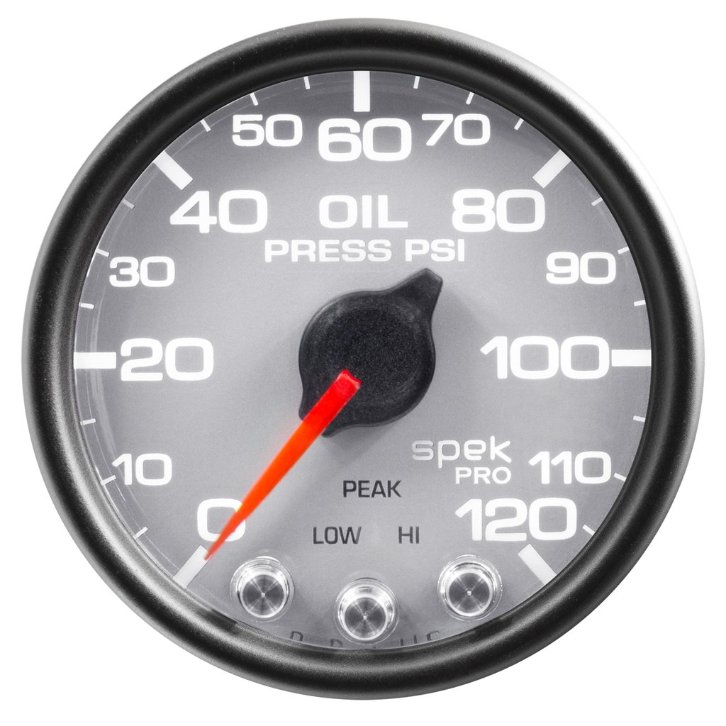 AutoMeter 2-1/16" OIL PRESSURE, 0-120 PSI, STEPPER MOTOR, SPEK-PRO, SILVER DIAL, BLACK BEZEL, CLEAR LENS