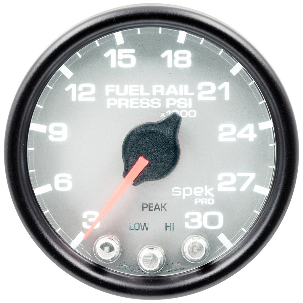 AutoMeter 2-1/16" FUEL RAIL PRESSURE, 3-30K PSI, STEPPER MOTOR, SPEK-PRO, SILVER DIAL, BLACK BEZEL, CLEAR LENS