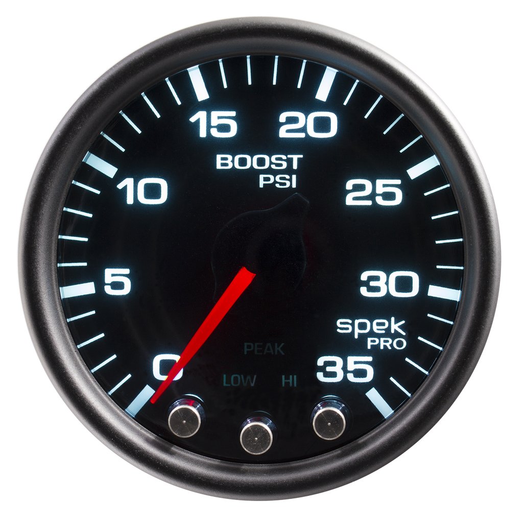 AutoMeter 2-1/16" BOOST, 0-35 PSI, STEPPER MOTOR, SPEK-PRO, BLACK DIAL, BLACK BEZEL, SMOKED LENS