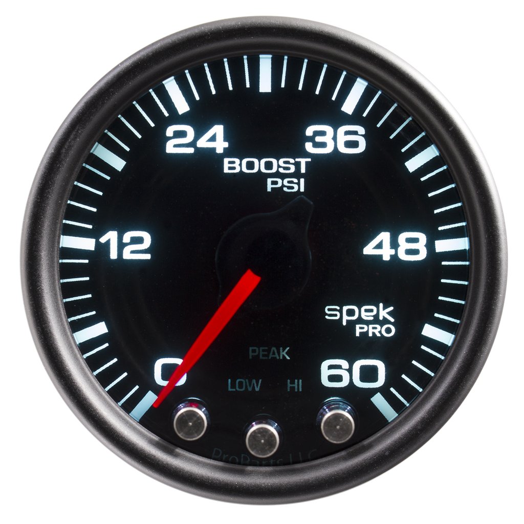 AutoMeter 2-1/16" BOOST, 0-60 PSI, STEPPER MOTOR, SPEK-PRO, BLACK DIAL, BLACK BEZEL, SMOKED LENS