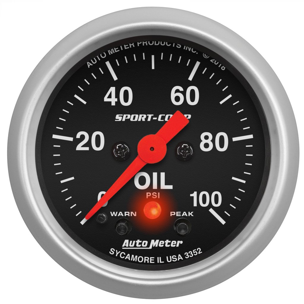 AutoMeter 2-1/16" OIL PRESSURE, W/PEAK & WARN, 0-100 PSI, STEPPER MOTOR, SPORT-COMP