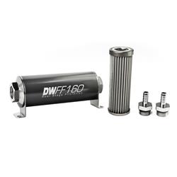 DeatschWerks 803160040K38: 803160040K38 In-line fuel filter element and housing kit stainless steel 40 micron 3/8in hose barb 160mm. Universal